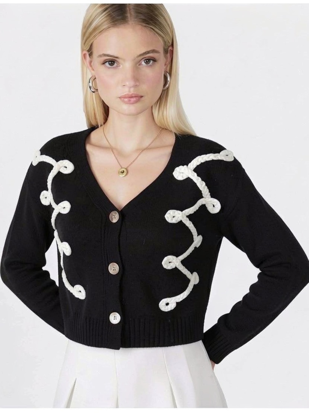 TWISTED ROPE Black V-Neck Cardigan with White Cable Knit Accents S M L